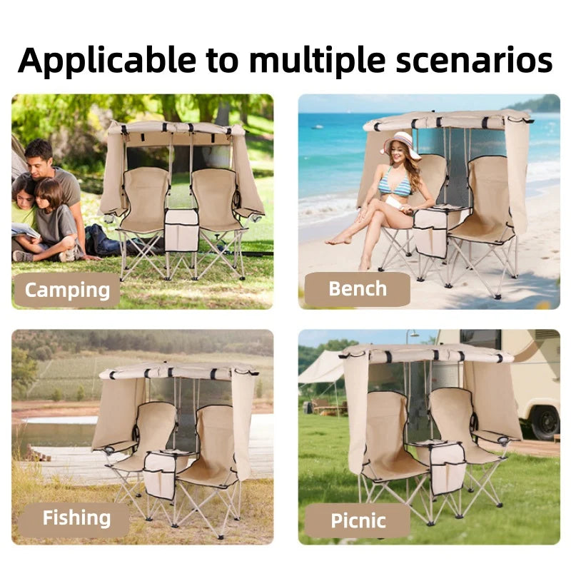 Portable Outdoor Camping Leisure Double Folding Chair Fishing Beach Picnic Chair with Integrated Awning Awning Director Chair