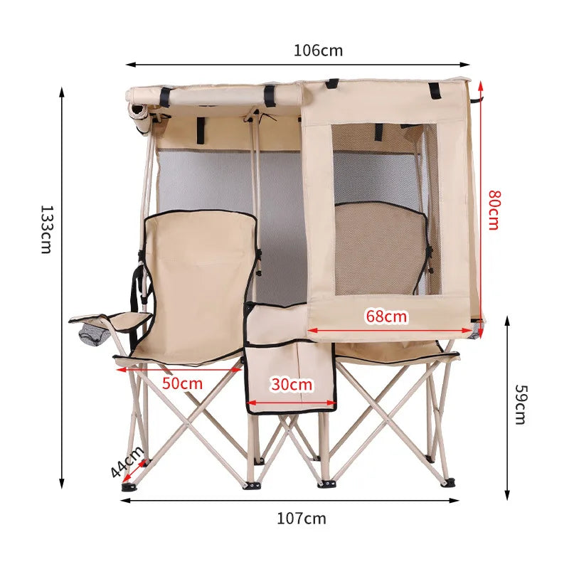 Portable Outdoor Camping Leisure Double Folding Chair Fishing Beach Picnic Chair with Integrated Awning Awning Director Chair