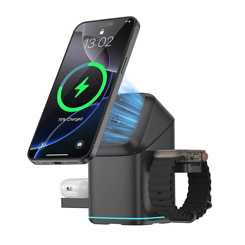 2025 Newest Universal Magnetic Charging Stand Cube Rotational 3 in 1 Touch Auto Rotation Wireless Charger With Light
