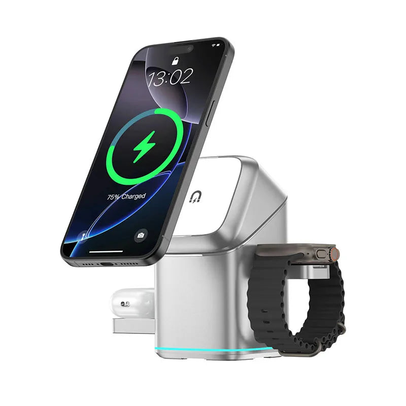 2025 Newest Universal Magnetic Charging Stand Cube Rotational 3 in 1 Touch Auto Rotation Wireless Charger With Light