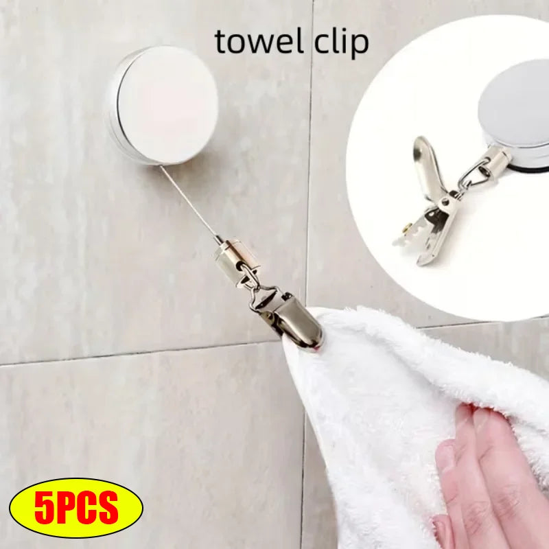 5-Piece Automatic Retractable Towel Clip Set – Punch-Free Wall Mount