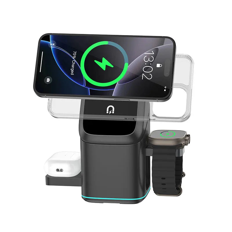 2025 Newest Universal Magnetic Charging Stand Cube Rotational 3 in 1 Touch Auto Rotation Wireless Charger With Light