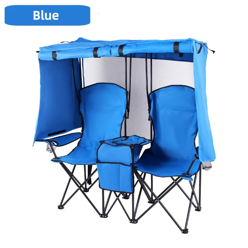 Portable Outdoor Camping Leisure Double Folding Chair Fishing Beach Picnic Chair with Integrated Awning Awning Director Chair