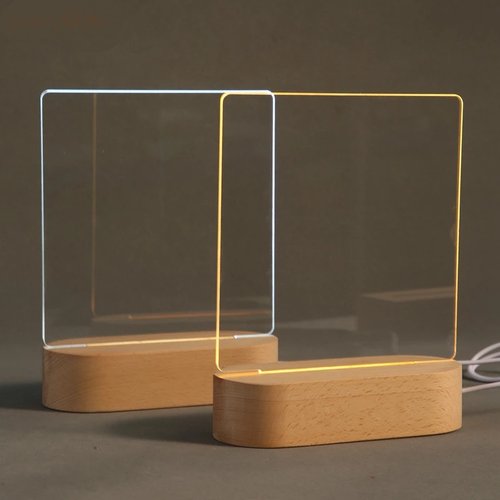 Acrylic LED Note Board Night Light with Wooden Base – Erasable Glowing Desktop Memo & Message Board