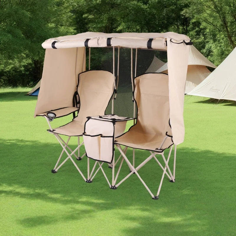 Portable Outdoor Camping Leisure Double Folding Chair Fishing Beach Picnic Chair with Integrated Awning Awning Director Chair