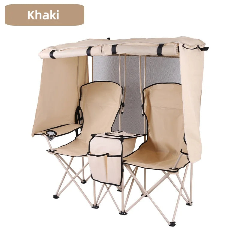 Portable Outdoor Camping Leisure Double Folding Chair Fishing Beach Picnic Chair with Integrated Awning Awning Director Chair