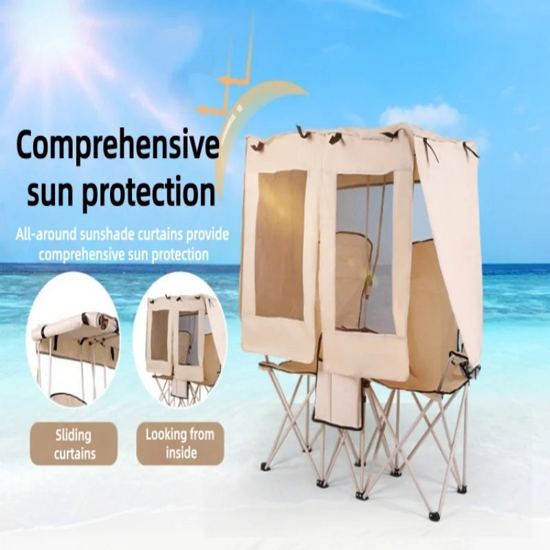Portable Outdoor Camping Leisure Double Folding Chair Fishing Beach Picnic Chair with Integrated Awning Awning Director Chair